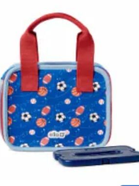 Ello Kids Blue Sports Print Machine-Washable Lunch Bag with Red Handles